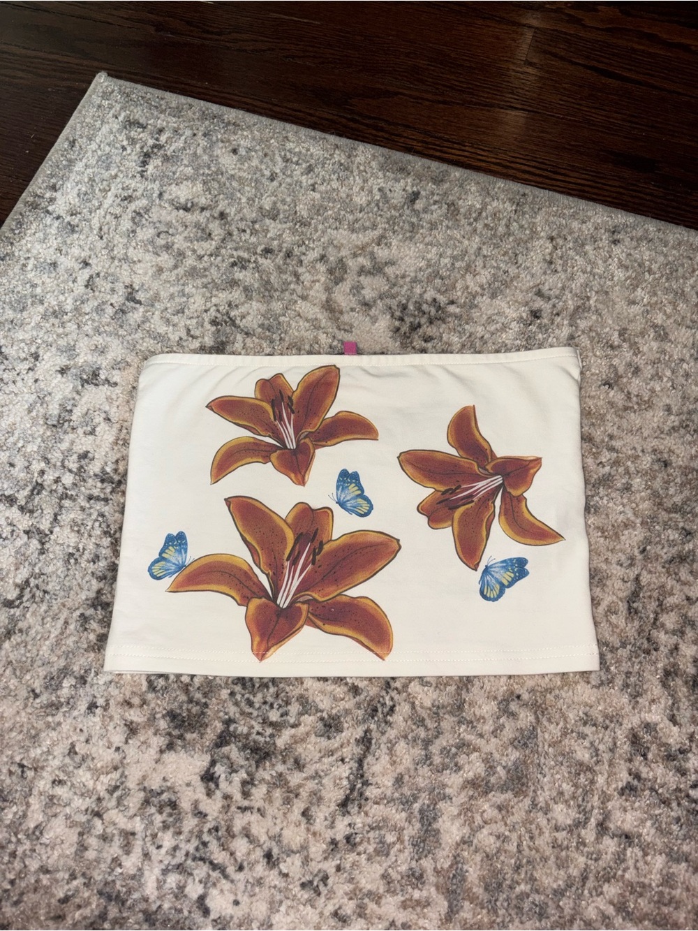Edikted White Strapless Top with Brown Floral and Blue Accent